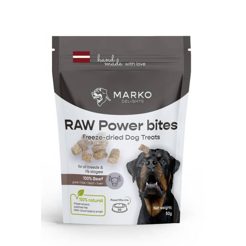 Marko Delights Raw Power Bites liofilizēti gardumi suņiem no liellopa sirds, aknām un kuņģa 50 g